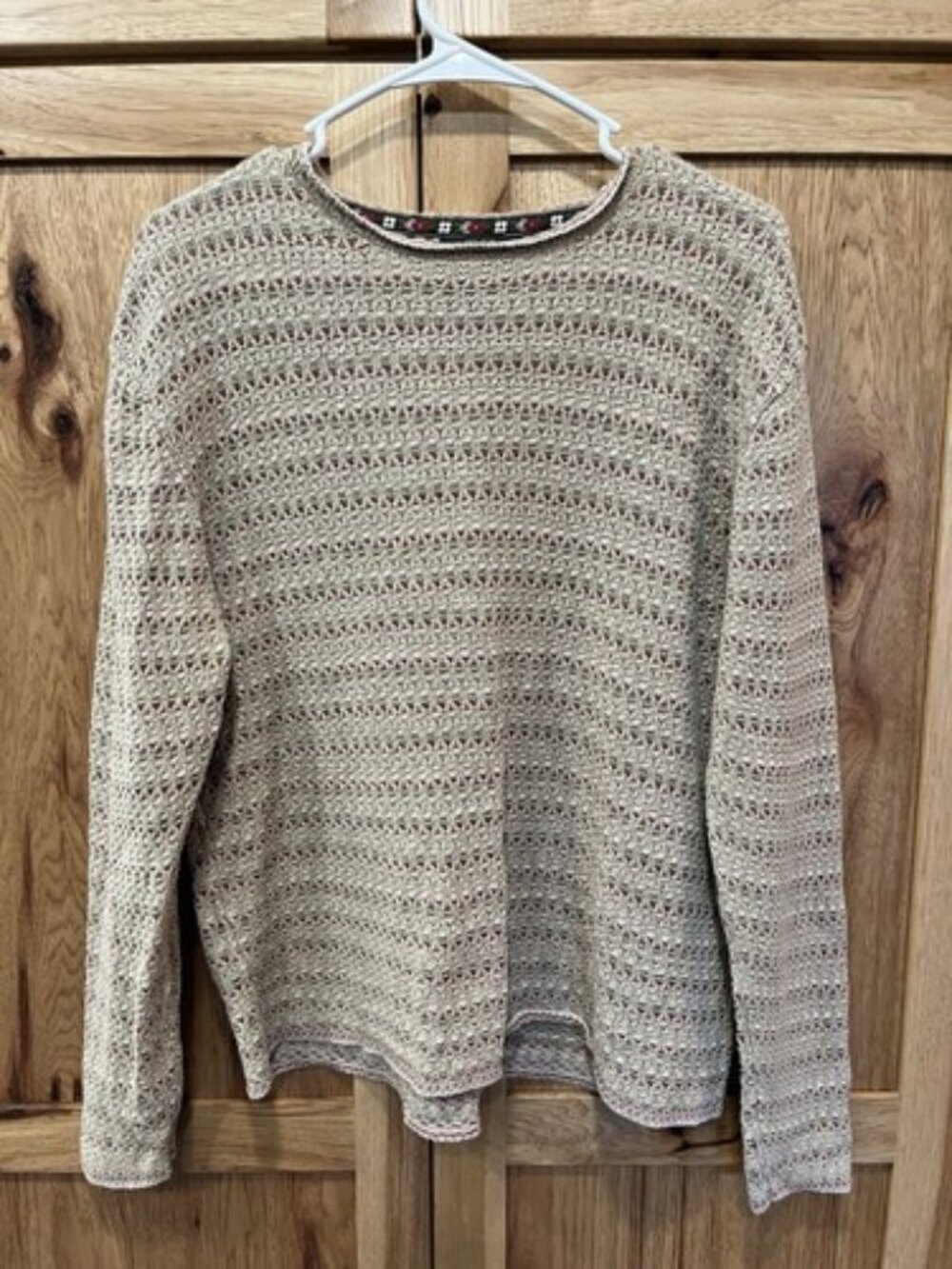 Vintage Woolrich Womens Top Large Tan Long Sleeve Knit Striped Textured Granny